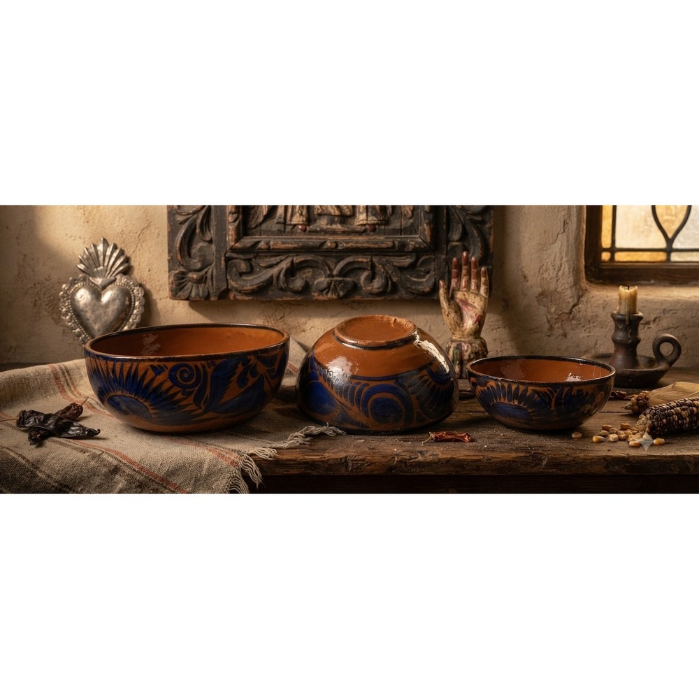 Vintage Handmade Mexican Tonala Pottery Nesting Bowls Set of 3 Terracotta Blue